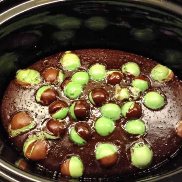 Chocolate cake with Mint Aero balls in a slow cooker pot.