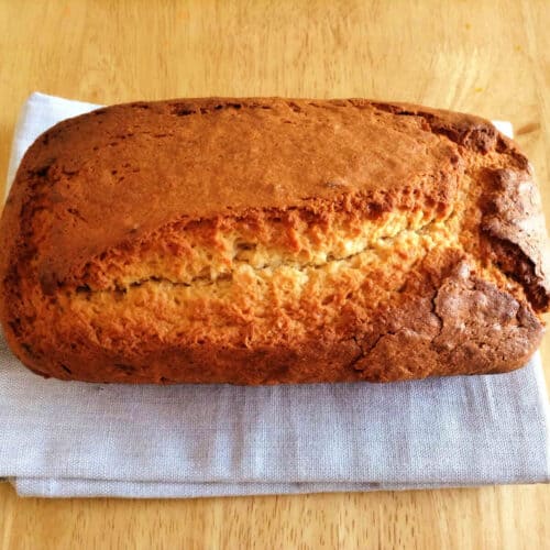 Peanut butter banana loaf cake on table.