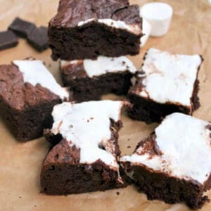 Squares of marshmallow brownies.