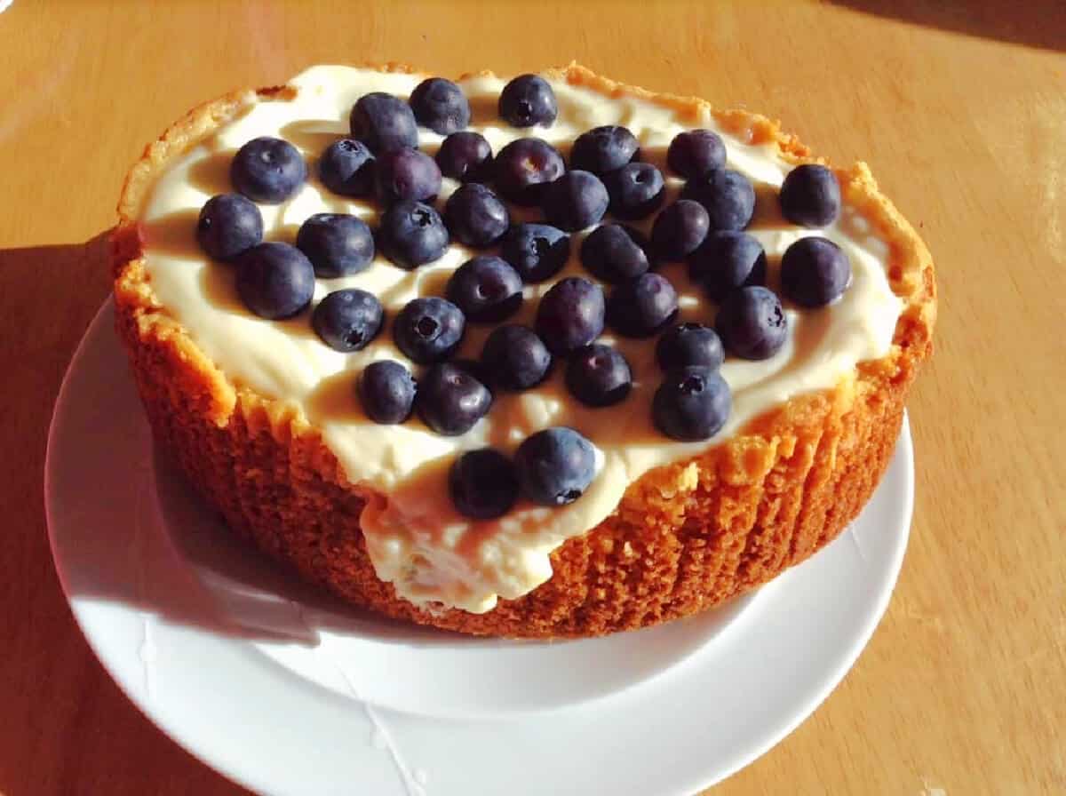 Cake with topping of creamy icing and blueberries.