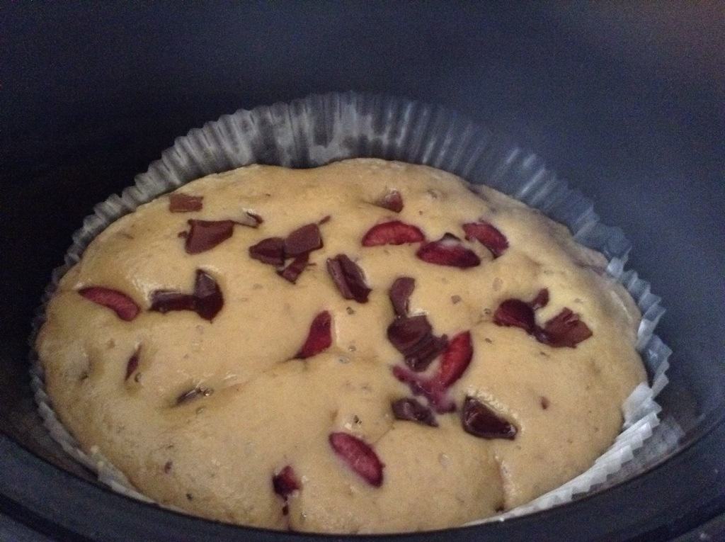 Blondies cooking in slow cooker pot.