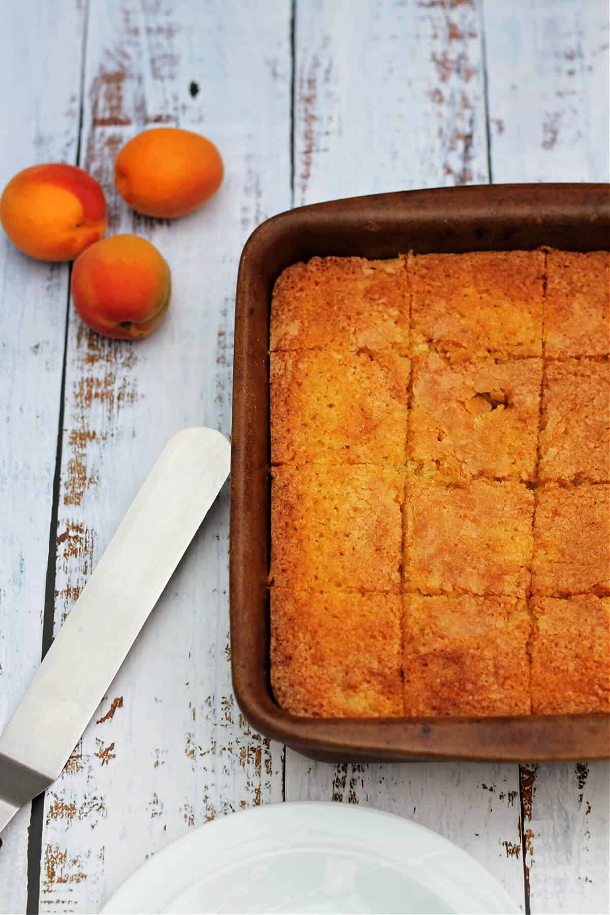 Baking pan with a sheet cake, apricots to the side.