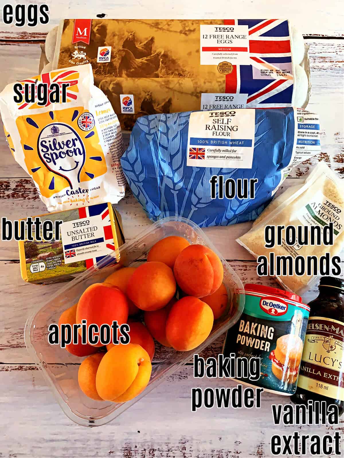 Ingredients for apricot cake, labelled.