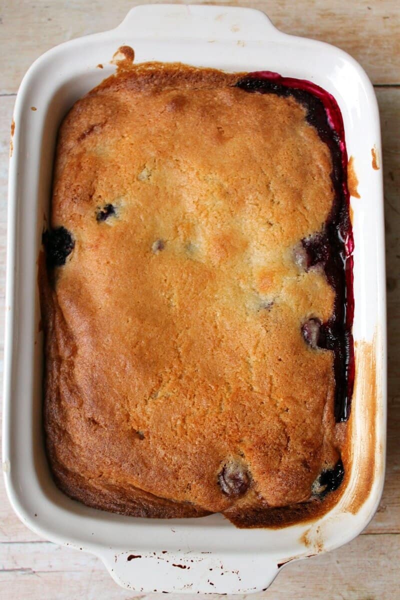 Serving dish with a berry sponge pudding.