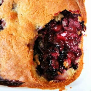 Close up of berries under a layer of sponge cake.