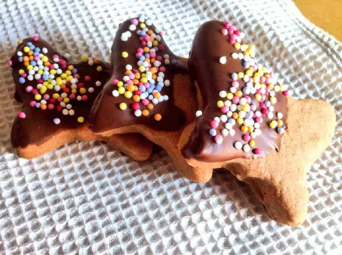 Close up of three butterfly shaped chocolate cookies with half chocolate covering and sprinkle decoration.