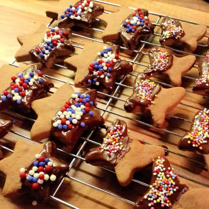 Chocolate cookies in star and butterfly shape half dipped in chocolate with sprinkles.