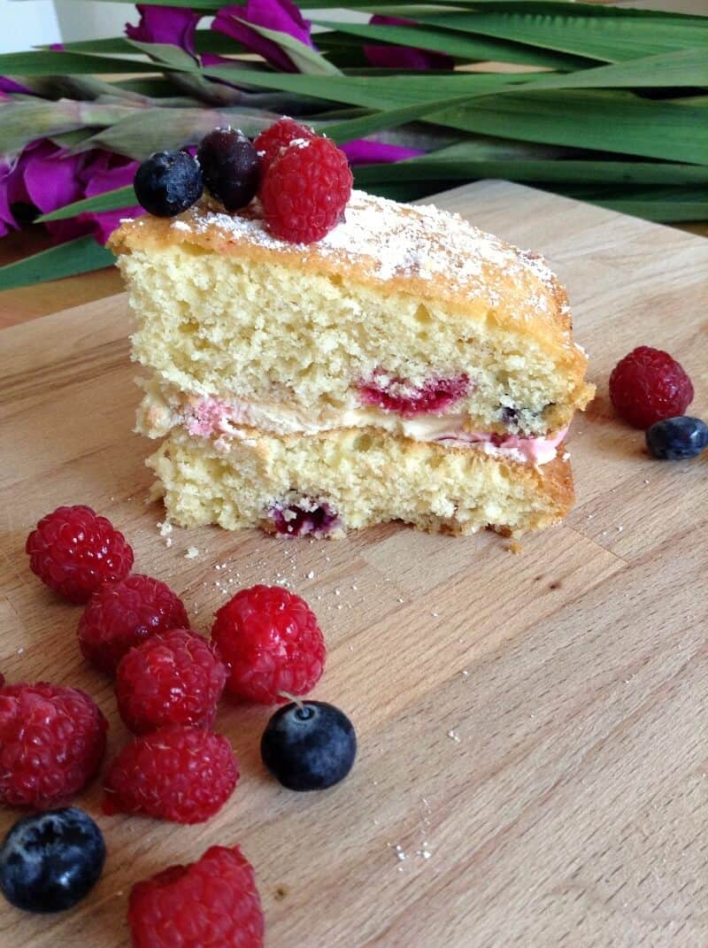 Coconut, blueberry and raspberry cake