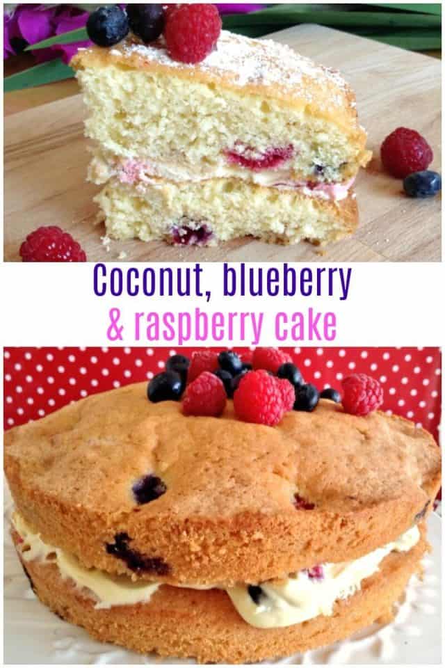 Coconut, blueberry and raspberry cake recipe - a wonderful summery cake full of summer fruit and cream and with a hint of coconut