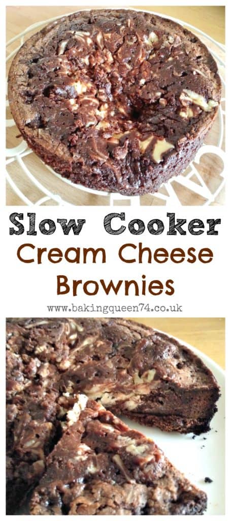 Slow Cooker Cream Cheese Brownies - if you need a fudgy brownie recipe to make in your slow cooker, with delicious sweetened cream cheese marbled filling, you're in the right place!