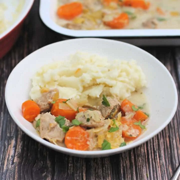 Close up of white bowl of pork casserole with carrots and mash.