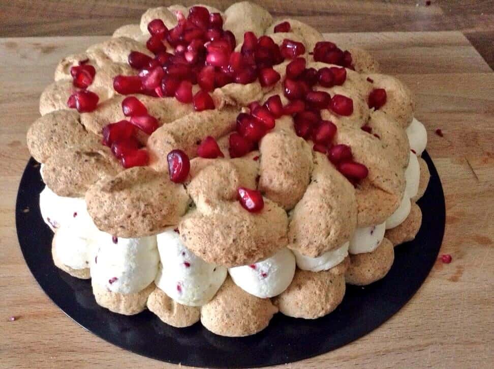 Pistachio Dacquoise with Raspberry and Pomegranate