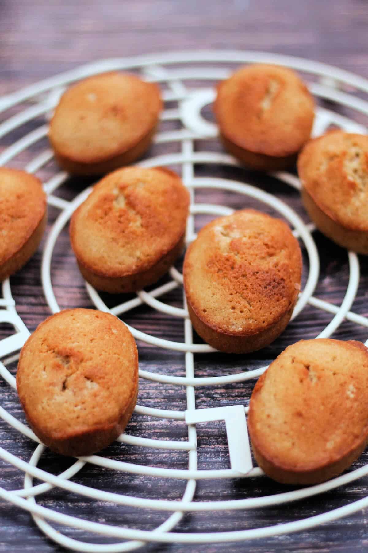 Small ginger cakes on a round cooling rack.