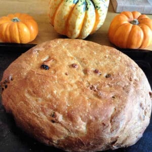 Pumpkin bread loaf with pumpkins behind.