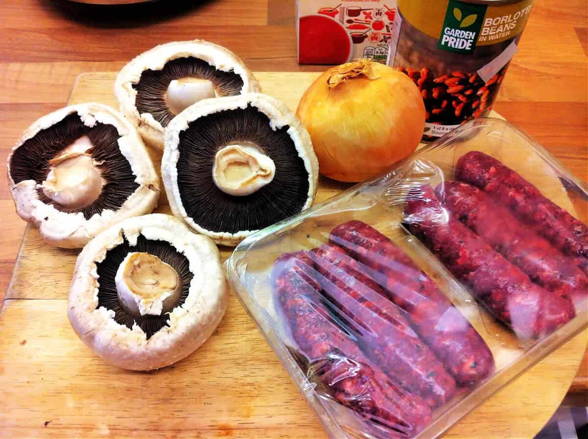 Ingredients for the dish set out on a chopping board.