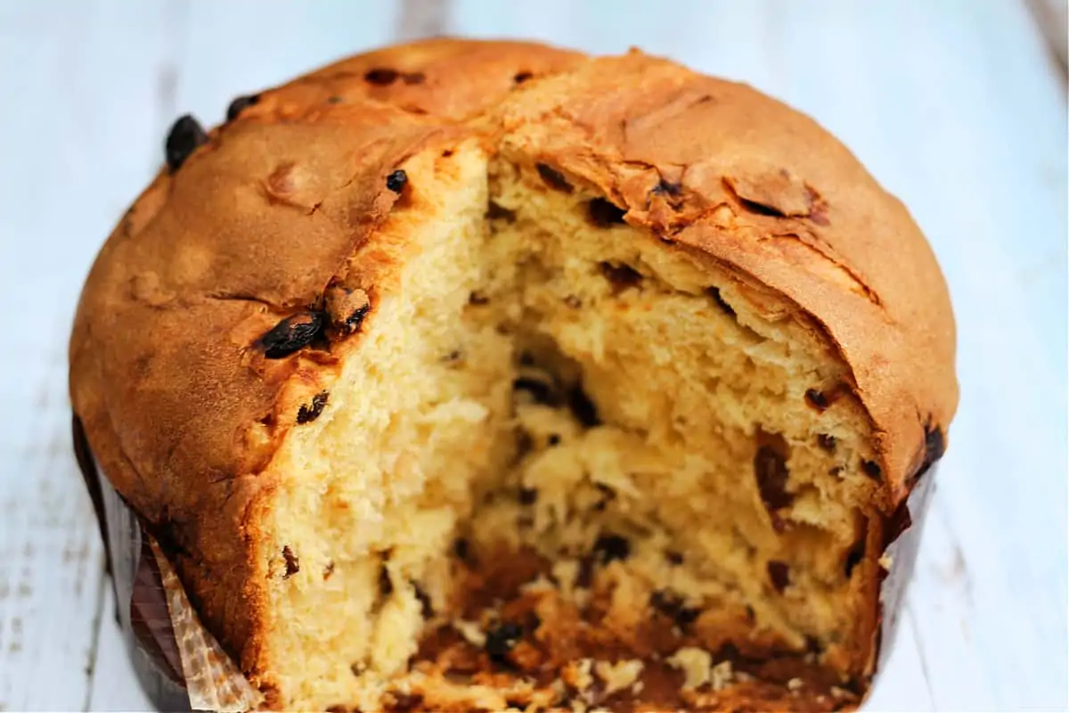 Some leftover Italian panettone, with slices missing.