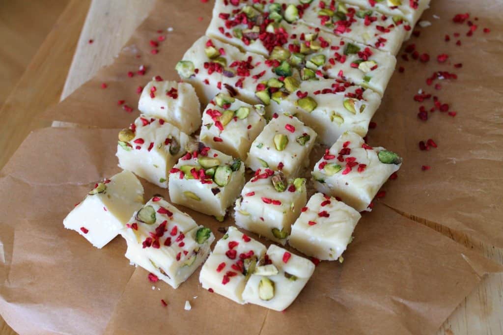 Slow Cooker White Chocolate Fudge with Pistachio and Raspberry