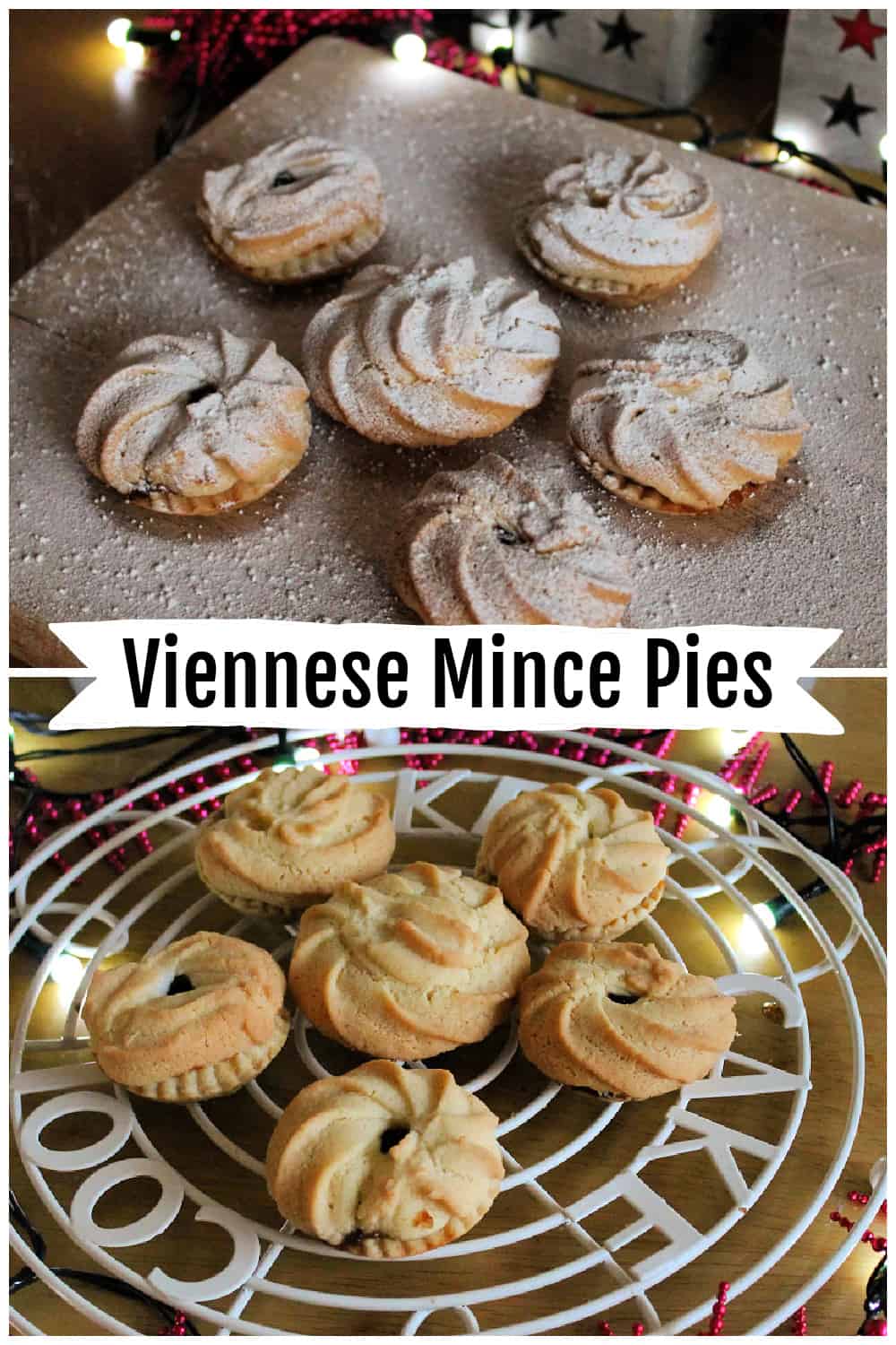 Collage of two images of Viennese mince pies, with text overlay.