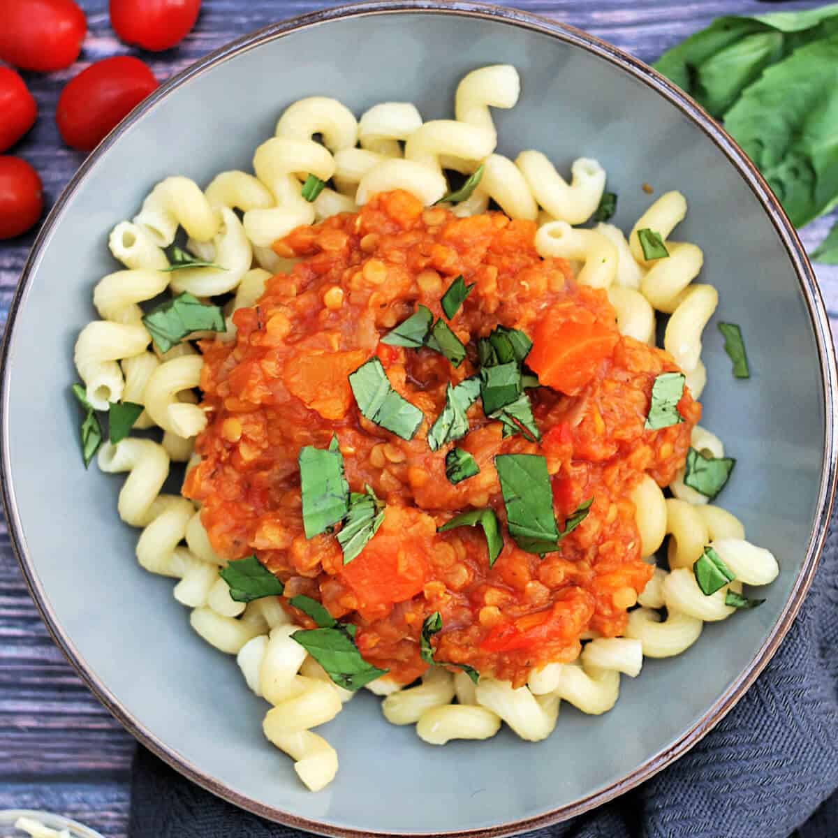 Grey bowl of pasta topped with red lentil bolognese sauce, with basil garnish.