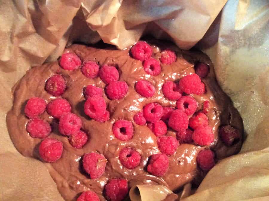 Raspberry brownies in slow cooker.