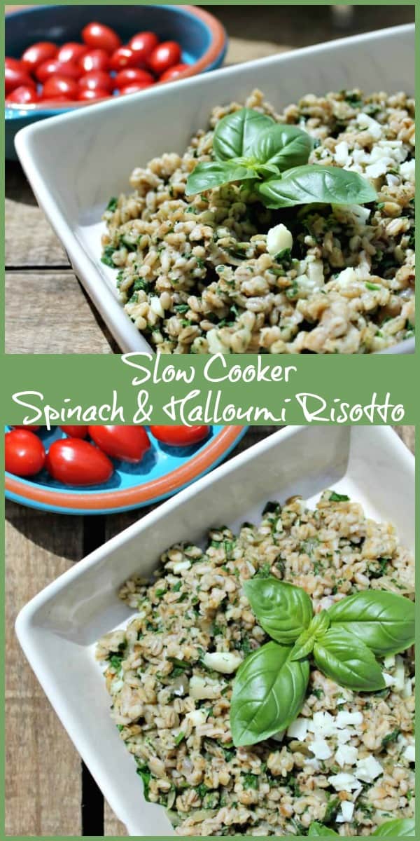 Slow cooker spinach and halloumi risotto with pearl barley