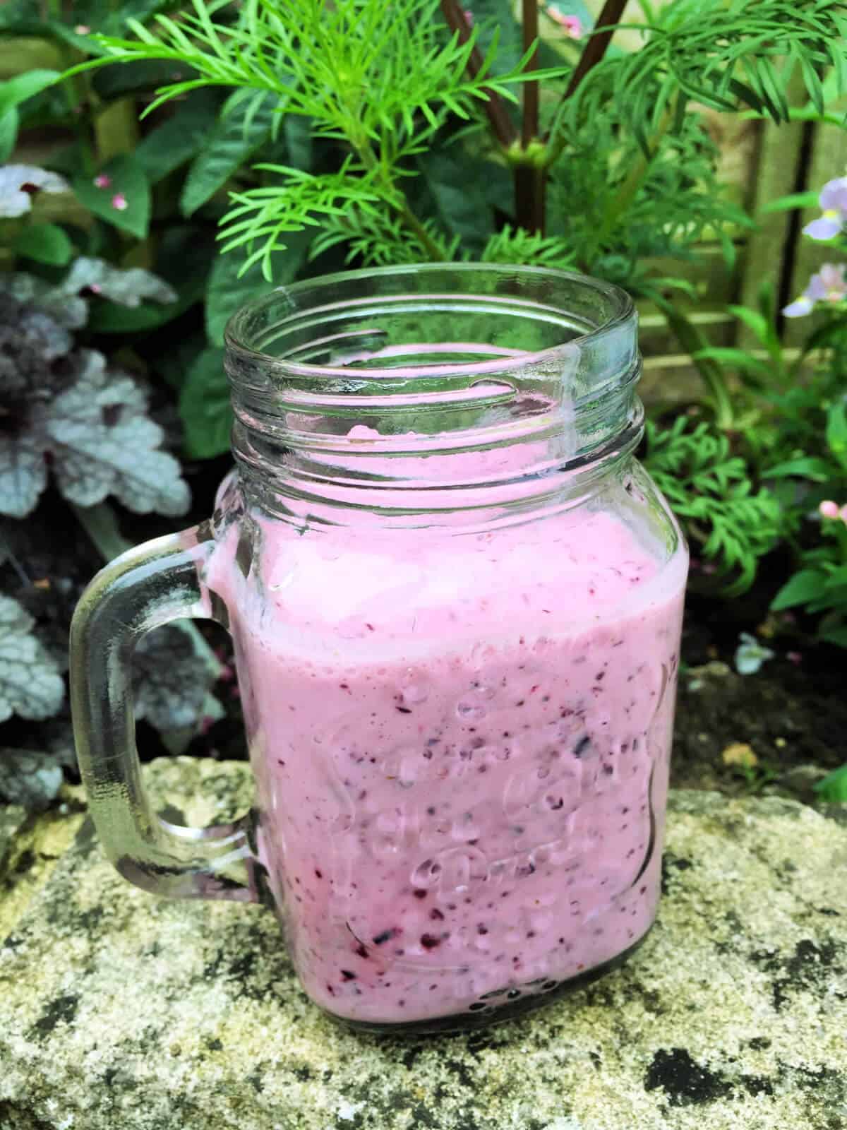 Smoothie in a jar with foliage behind.