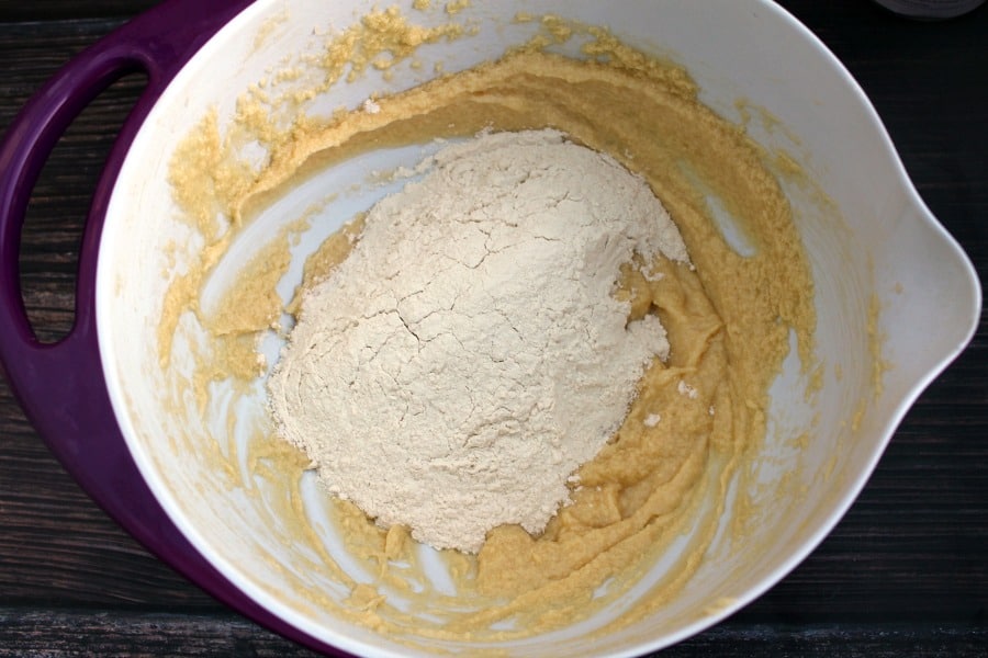 Cake batter and flour in a bowl.