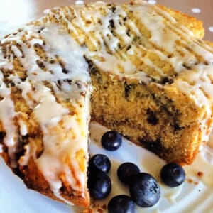 Cake on a white plate with blueberries.