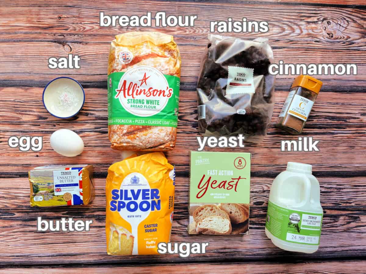 Labelled ingredient for cinnamon raisin bread on table.