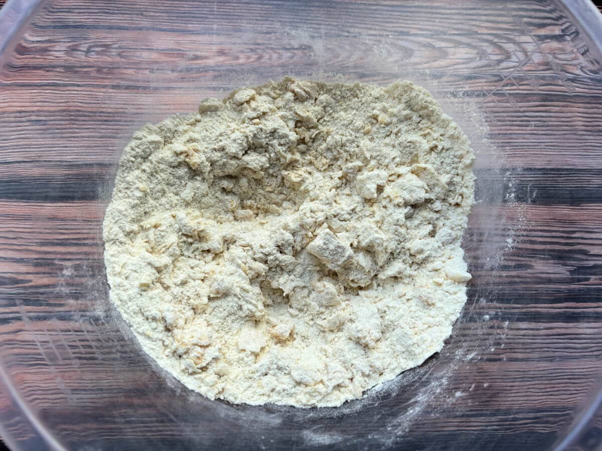 Egg stirred into dough ingredients.