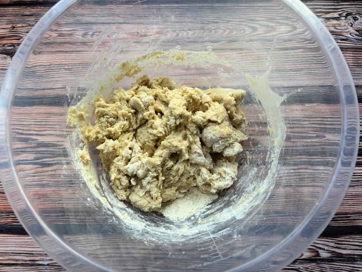 Making dough, after adding liquids, before fully mixing.