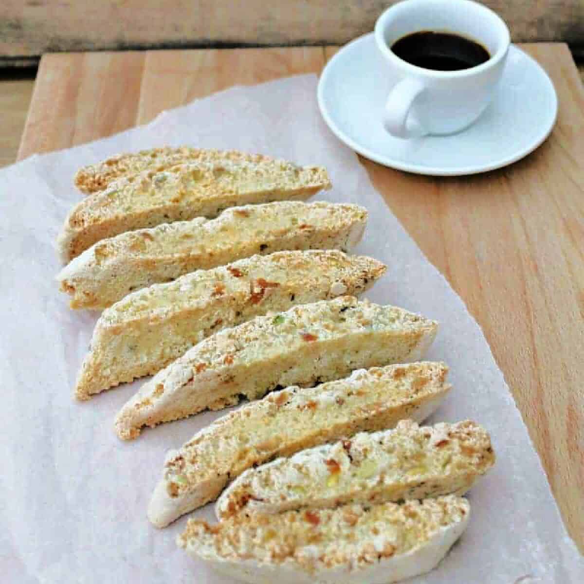 Biscotti cooling on a board with a small coffee cup beside.