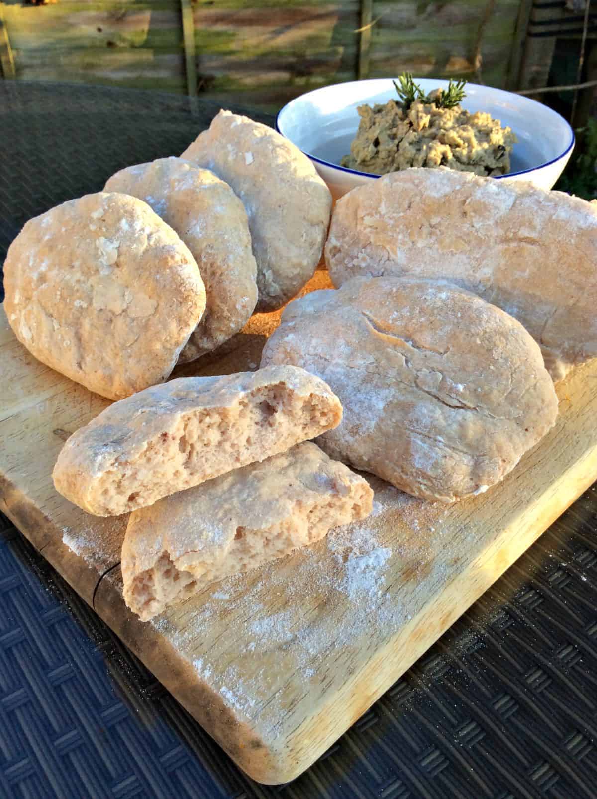 gluten-free pitta breads and olive houmous 