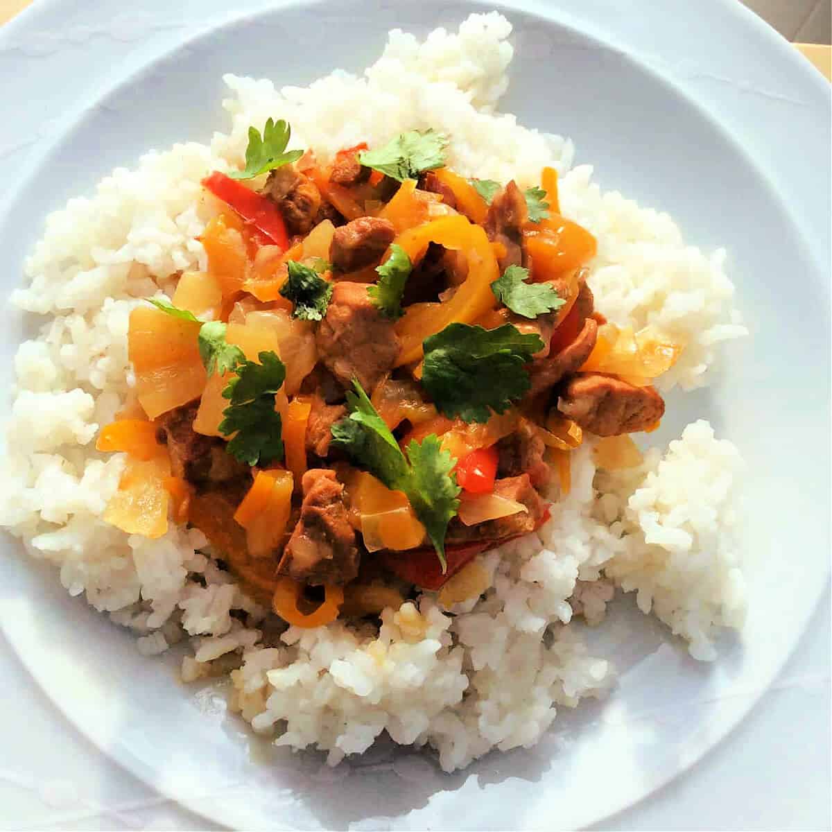 Plate with sweet and sour pork on rice.