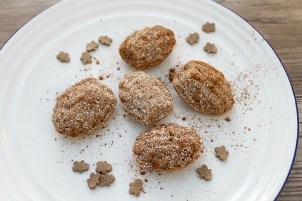 Close up of small madeleines on a white plate with sprinkled cinnamon and gingerbread sprinkles.