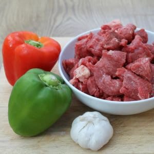 Organic ingredients for beef stew with chorizo