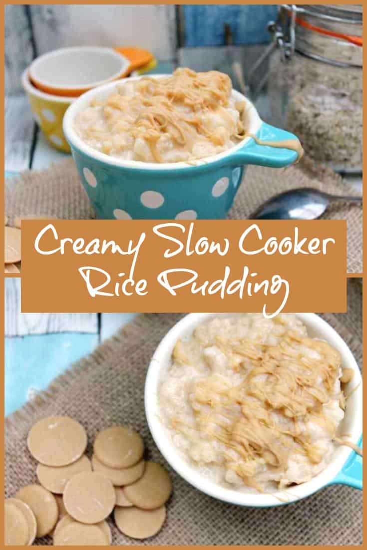 Rice pudding in serving bowl collage with text overlay "creamy slow cooker rice pudding".