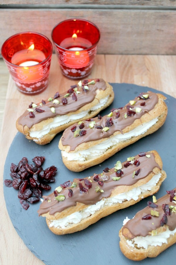 Chocolate Eclairs with Cranberry and Pistachio from BakingQueen74