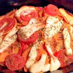 Cheesy halloumi sweet potato bake.