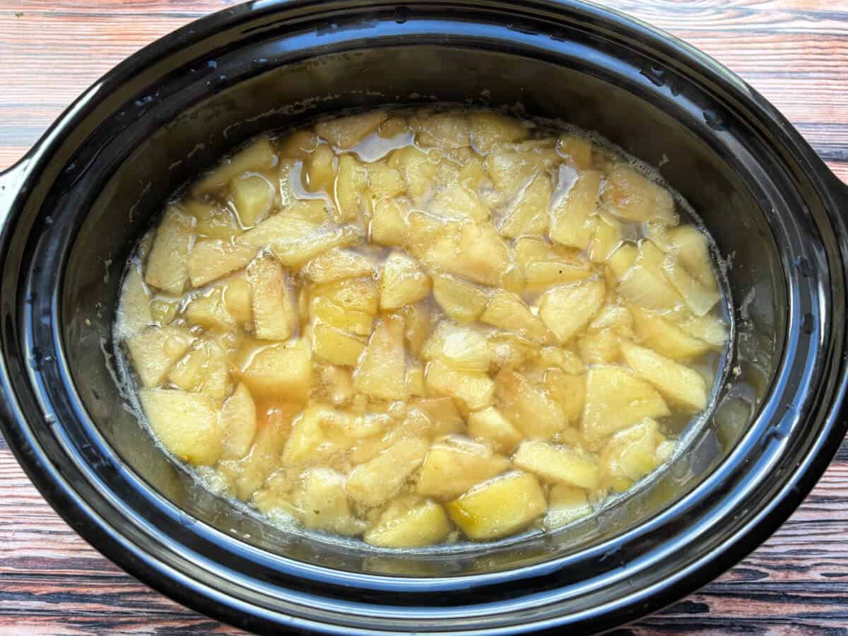 Cooked soup in slow cooker pot.