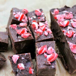 Squares of dark chocolate fudge topped with crushed candy canes.