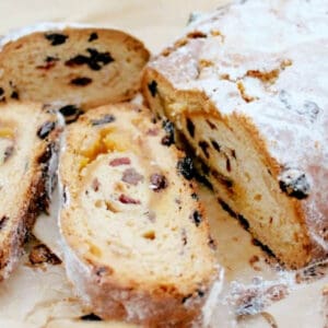 Stollen loaf with slices cut out.