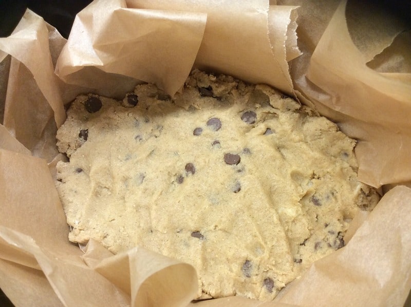 Slow Cooker Chocolate Orange Stuffed Cookie - first layer in the slow cooker pot