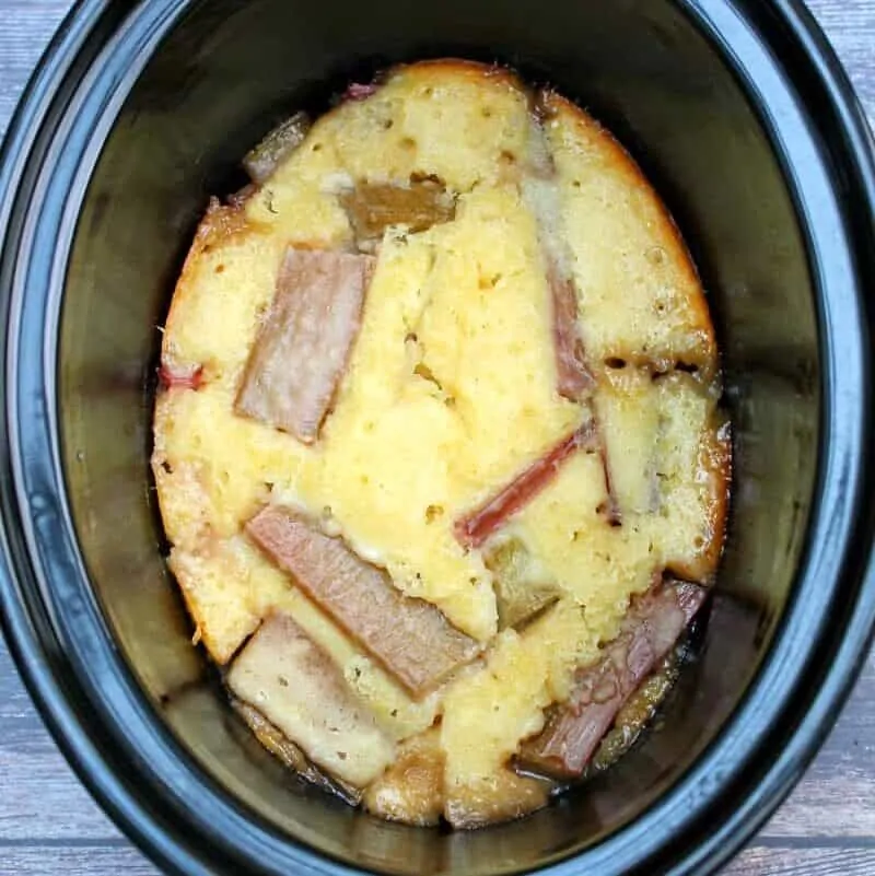 Slow cooker rhubarb cobbler in slow cooker dish.