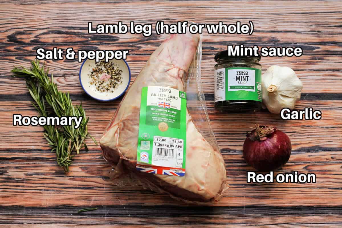 Ingredients for slow cooked lamb on a table, with text captions.