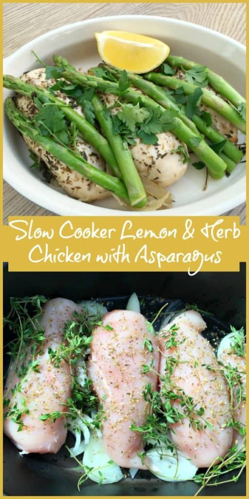 Slow Cooker Lemon & Herb Chicken with Asparagus - ideal healthy slow cooker main dish for WW freestyle or general healthy eating plans, this low carb dish is so simple to make in your slow cooker. Great for busy households where time is at a premium.