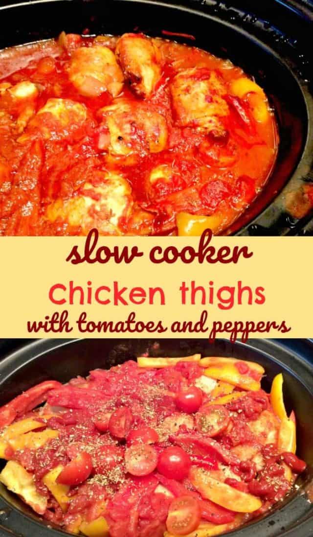 Slow cooker chicken thighs with tomatoes and peppers - an easy slow cooker recipe which the whole family will love, great for winter meals and a good addition to your back-to-school meal plan