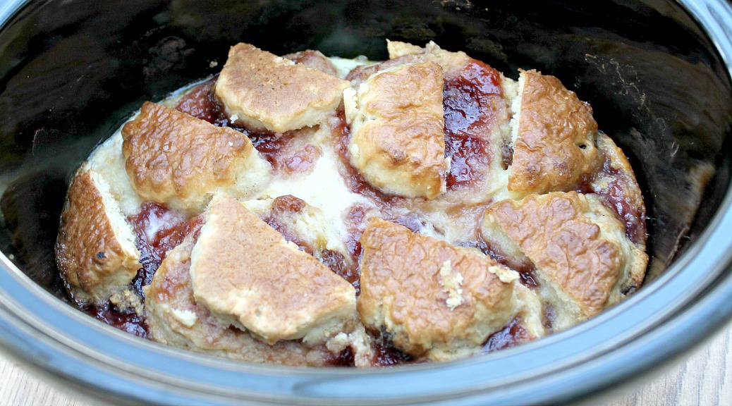 Slow Cooker Strawberry Jam and Scone Pudding
