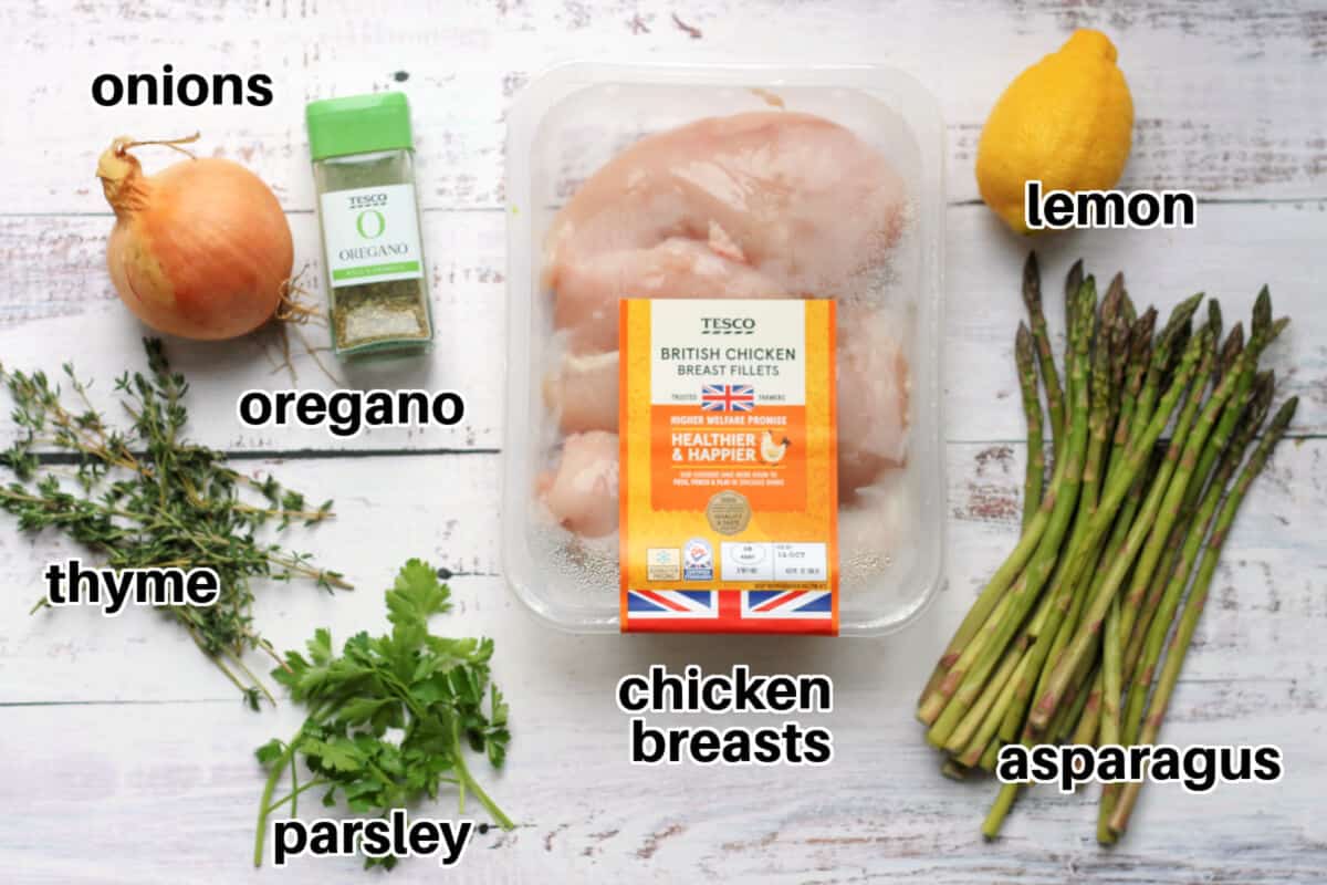 Labelled ingredients on white table.
