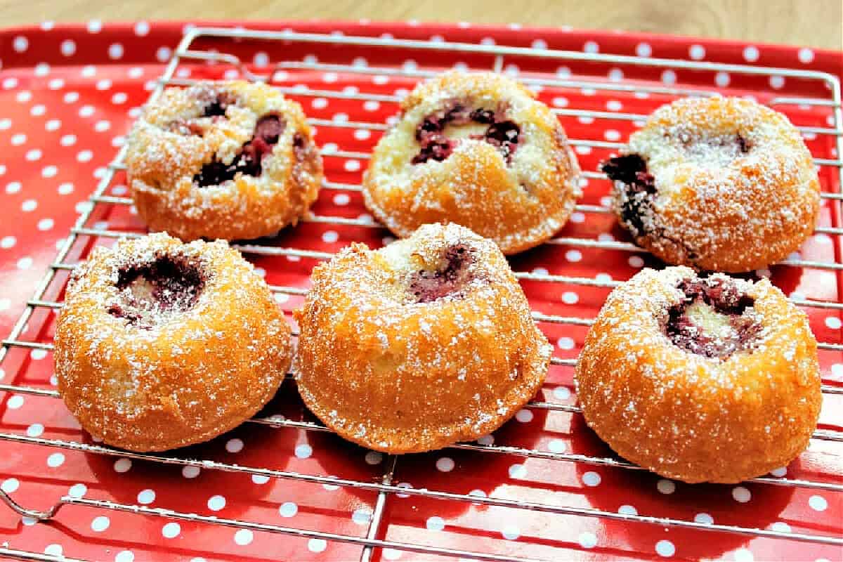 Blackberry bundt cakes on a red and white tray.